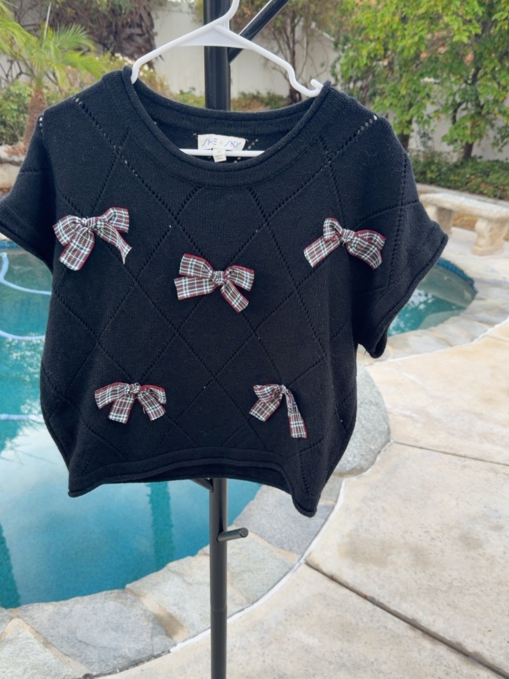 She + Sky Black Knit Plaid Bow Top Size Medium Coquette Preppy Sweater